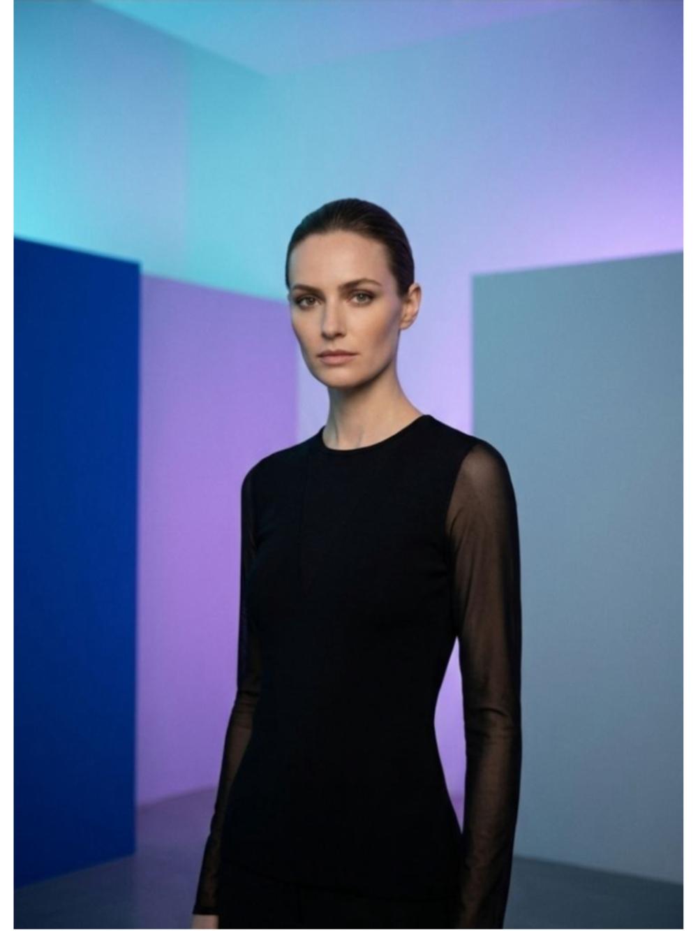 REISS Black Crew Neck Top with Sheer Mesh Sleeves Size S